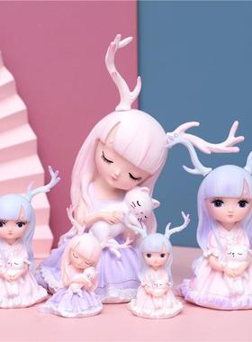 少女心ins风幽境之鹿摆件 小鹿女孩 蛋糕烘培装饰品摆件 汽车摆设