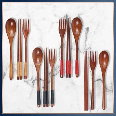 1pc Wooden Chopsticks Fork Spoon Three-piece Set Twine Japan