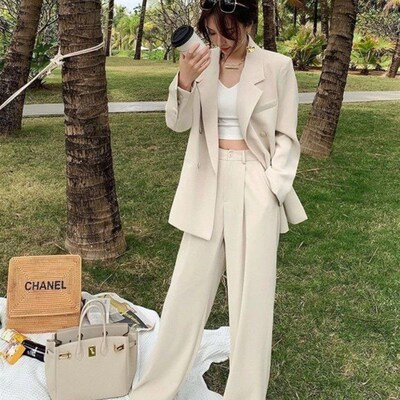 Luck A 2022 Women Office White Pink Suit Two-Piece Pantsuit