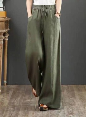 Women High Waist Casual Wide Leg Pants Cotton Linen Trouser