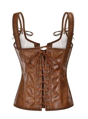 Brown Lace Up Zipper Overbust Leather Steampunk Corset Vest