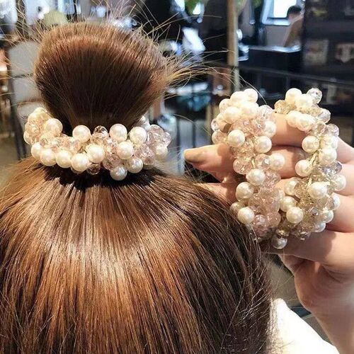 Women Crystal Pearls Hair Rope Handmade Elastic Beaded tail