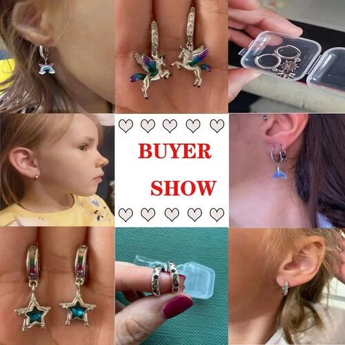 Hoop Earrings 925 Sterling Silver Starry Moon Feather Blue S