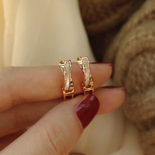 ndy 14K Real Gold Cross Fritillaria Shell Hoop Earrings for