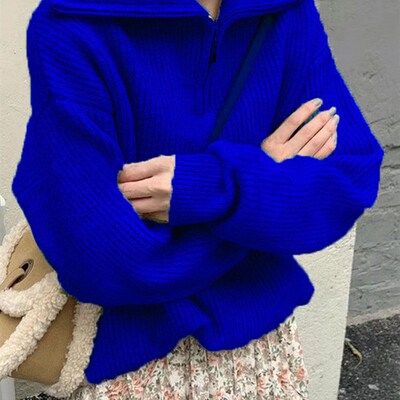 Zip Knitted Sweaters Women Long Sleeve Solid Loose Pullover