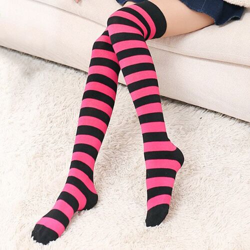 New Women Girls Over Knee Socks Stocking Long Stripe Printed