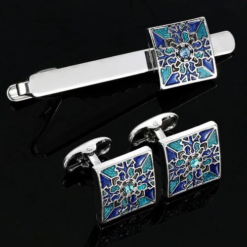 Vintage Blue Cross Pattern Design Square Cufflinks&Tie Clip