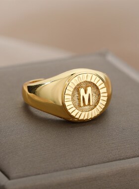 Vintage Initial Letter Signet Rings For Women Stainless Stee