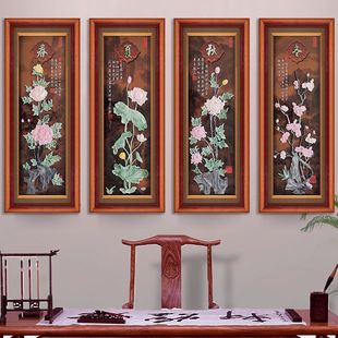 中式客厅沙发背景墙装饰立体浮雕画梅兰竹菊条屏玉雕壁画实木挂画