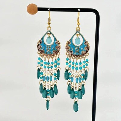 Bohemian Long Colorful Tassel Beads Water Drop Dangle Earrin