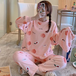 Flannel Womens Pajamas Sets Autumn Winter Sleepwear Love Pr