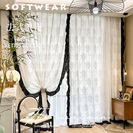 法式复古赫本风洛可可黑白色蕾丝纱帘卧室飘窗窗帘中古风隔断半帘