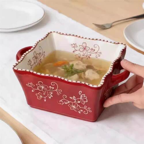 Red ceramic square double ear vine flower bowl salad bowl