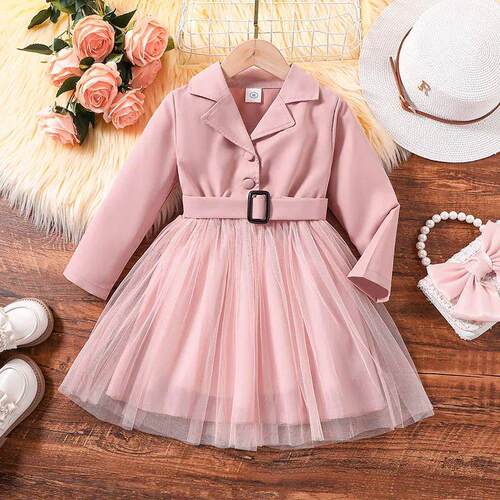 Dress Kids Girls 4-7 Years Pink V-Neck Mesh Splicing Long-Sl