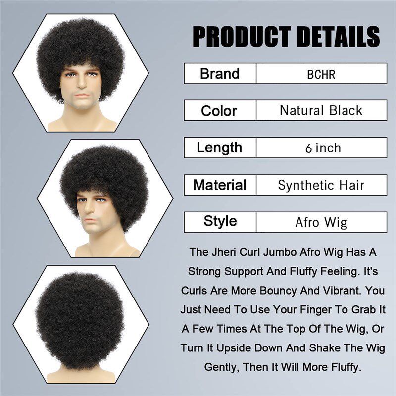 BCHR Afro Kinkly Curly Wigs Synthetic Wig for Black Men Natu - 实物图