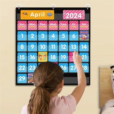 Large 44 Pockets Calendar Pocket Chart for Classroom Monthly