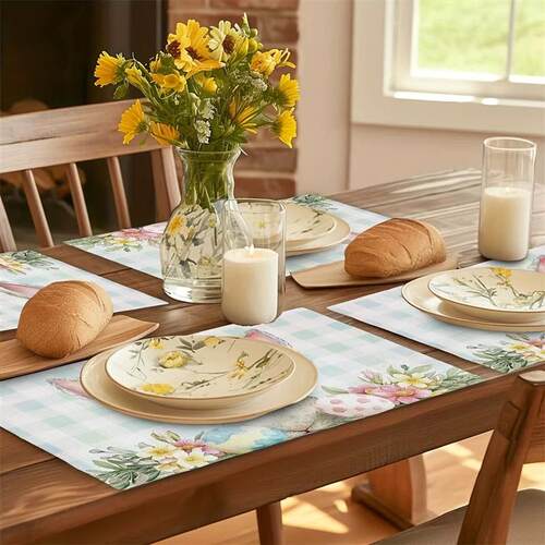 4Pcs, Easter Egg Floral Bunny Placemats, Washable, Suitable