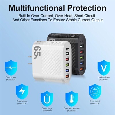 65W USB Charger PD Fast Charging 4 Ports Mobile Phone Charge