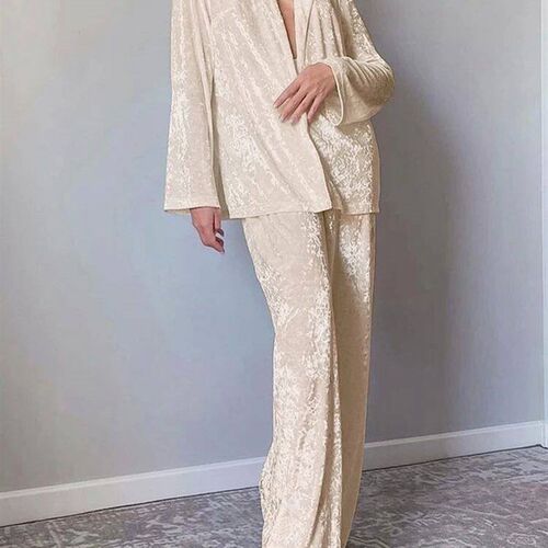 Hiloc Velvet Sleepwear Long Sleeve Women Sets Lapel Nightwea