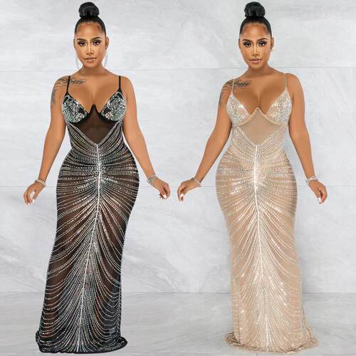 Mesh Sheer Maxi Dress Gown Women Spagetti Straps Party Dress