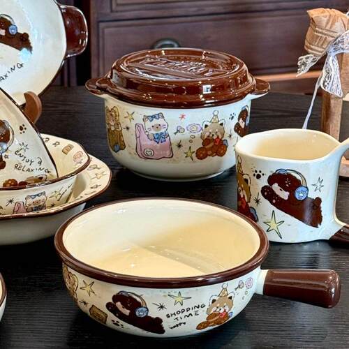 Cute cartoon teddy bear ceramic bowl grid plate