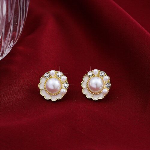 Round Sparkling Diamond Pearl Leather Rope Weaved Earring Ko