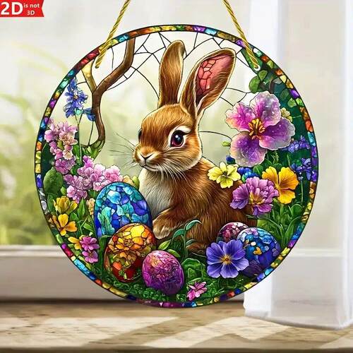1pc 2D Flat Easter Bunny Window Hanging, Acrylic with Egg &