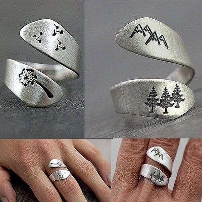 Vintage Ring Forest Mountain Sunset Nature Landscape Carved
