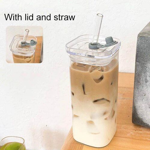 Square Heat Resistant Coffee Glass Cup With Lid and Straw Tr