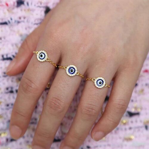 Round disco bluel enamel turkish evil eye charm chain ring c