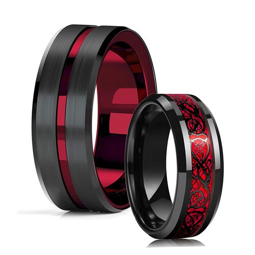 Fashion 8mm Red Groove Beveled Edge Black Tungsten Wedding