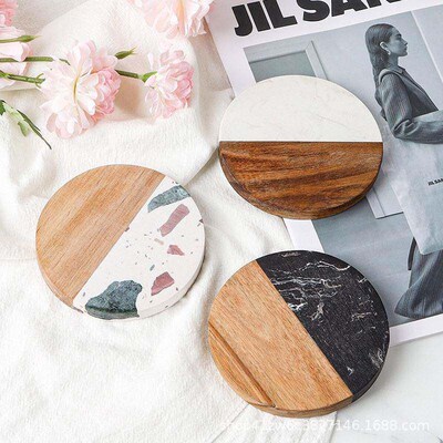 Marble Stitching Acacia Wood Coaster Coffee Heat Insulation