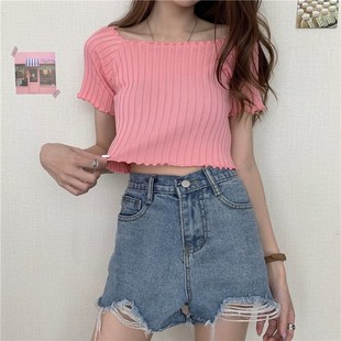 HELIAR Women Summer T-shirts Square Neck Crop Tops Knitting