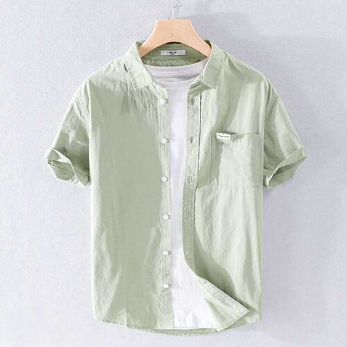 Summer mens new solid color comfortable cotton shirt youth