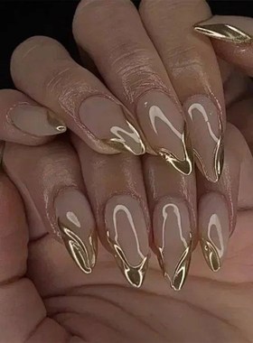 24Pcs French Gold Edge Wearable Almond Press on Fake Nails S
