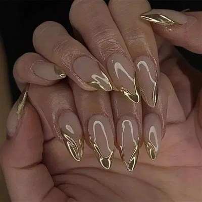 24Pcs French Gold Edge Wearable Almond Press on Fake Nails S
