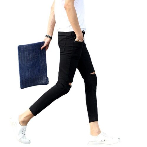 Hongxinjie Ripped Leg Jeans Mens Summer Thin Scraped Ankle-