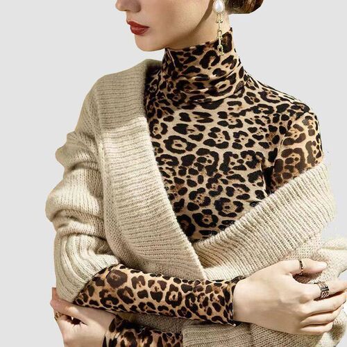 1pcs Women Autumn Leopard Print High Collar Mesh Long-sleeve