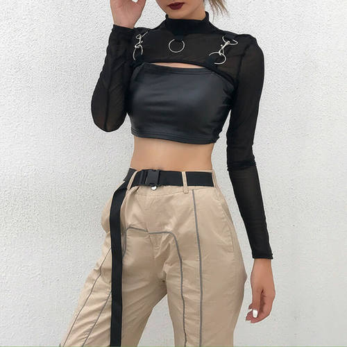 Fashion Women Lady Mesh Long Sleeve O Neck Crop Tops Bikini
