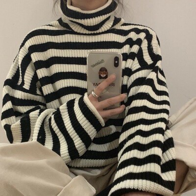 2021 Womens  Striped Warm Turtleneck Sweater Casual All-mat