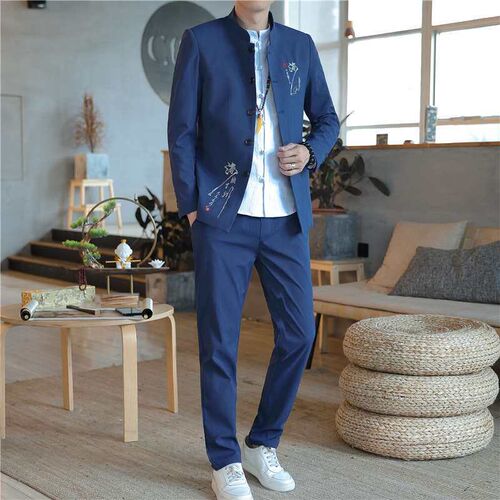 Mens Chinese tunic youth casual fashion collar retro embroi