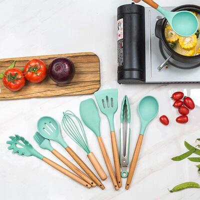 12Pcs Silicone Cooking Utensils Set Wooden Handle Kitchen Co