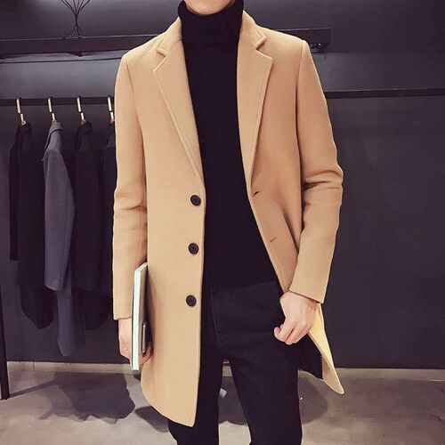 Mens tenchcoat Autumn and Winter Mid-length Woolen Coat Woo