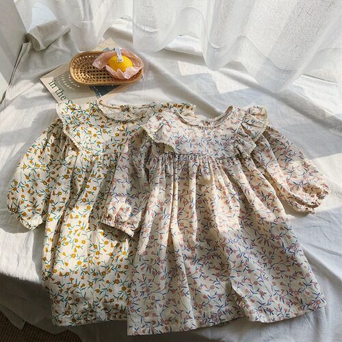 Spring cute girls floral long sleeve princess dress cotton l