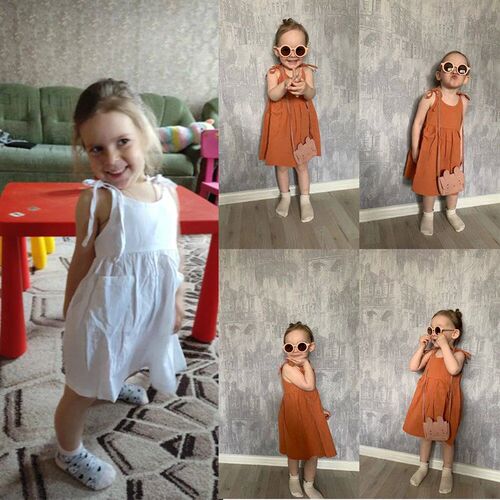 Children Girls Summer Casual Dress Solid Suspender With Pock
