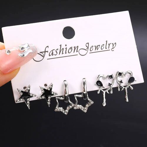 Goth Black Butterfly Crystal Star Earring Set For Women Girl