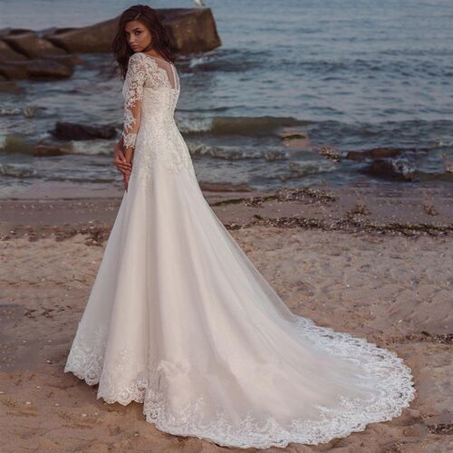 Long Wedding Dress Eleagnt Long Sleeves V Neck Lace Applique