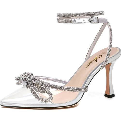Womens Rhinestone Bow Heels Ankle Strap Pointed Toe Stilett