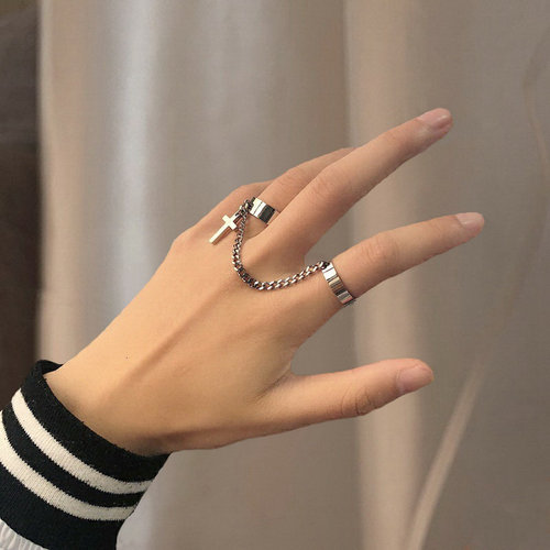 Men Punk Silver Color Plated Cross Chain Ring For Women