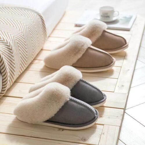 Faux Suede Home Women Full Fur Slippers Winter Warm Plush Be